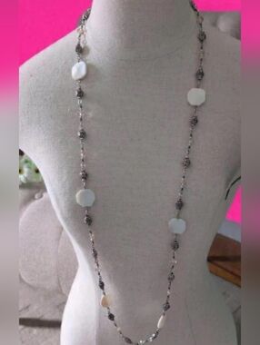 Long White Shell and Silver Bead Necklace